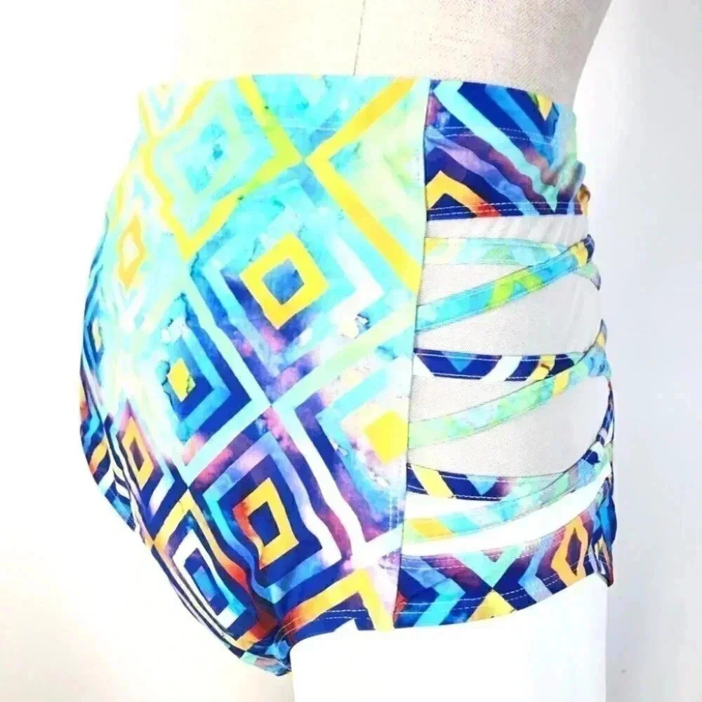 Colocean High Waisted Geometric Cutout Bikini Bottoms - Blue/Yellow NWT
